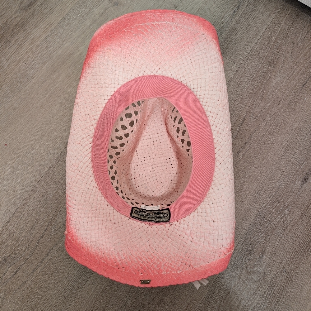 Vintage Coastal Headwear Pink Tea Stain Straw COWBOY HAT WESTERN cowgirl - Picture 7 of 10